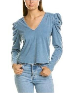 Avec Les Filles Light Blue V-Neck Puff Sleeve Long Sleeve Top
